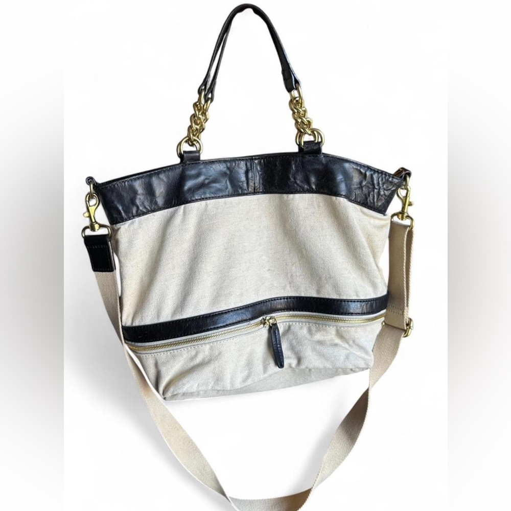 J.CREW Mixed Media Canvas & Leather Tote Bag | Chain Handle & Gold Hardware